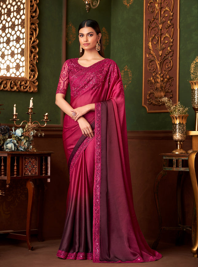 Elegant Ombre Wine Satin Chiffon Embroidered Saree for Wedding