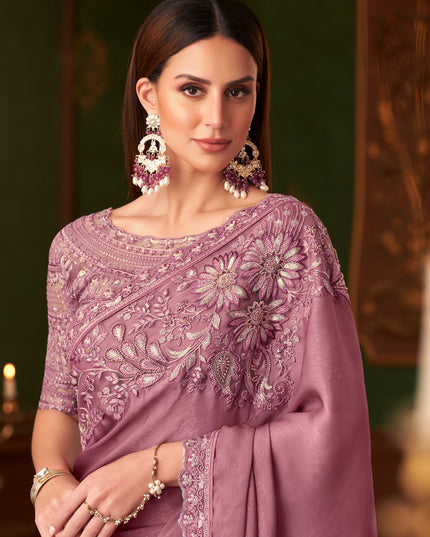 Ravishing Old Rose Silk Georgette Embroidered Saree for Wedding