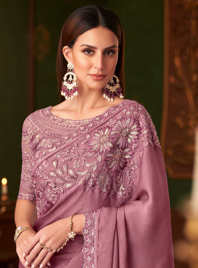 Ravishing Old Rose Silk Georgette Embroidered Saree for Wedding