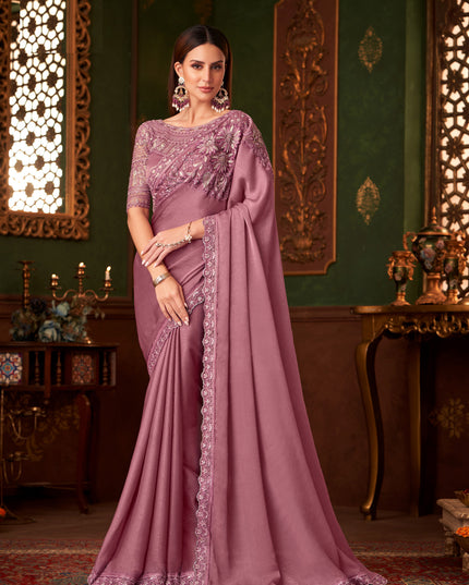 Ravishing Old Rose Silk Georgette Embroidered Saree for Wedding