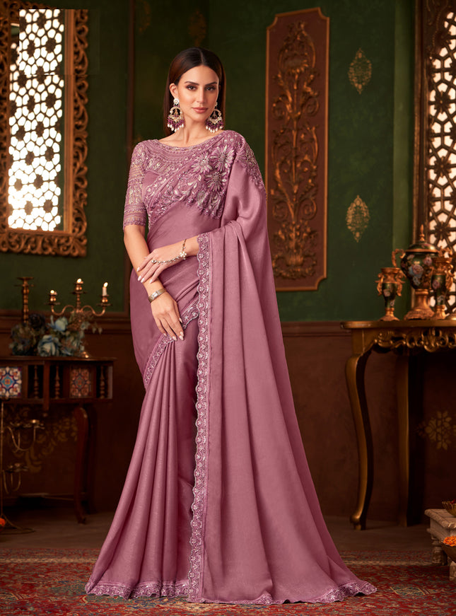 Ravishing Old Rose Silk Georgette Embroidered Saree for Wedding