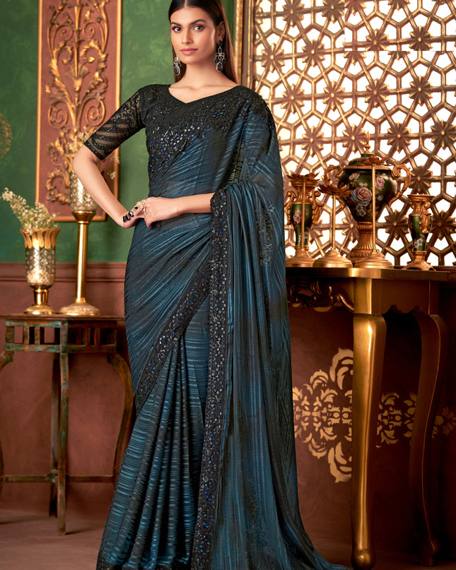 Bewitching Peacock Blue Silk Embroidered Saree for Wedding