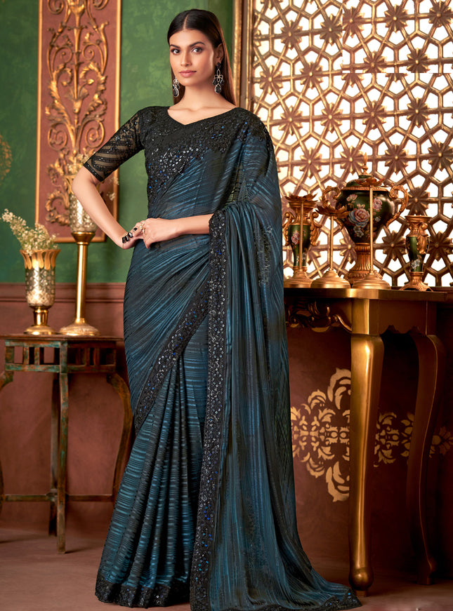 Bewitching Peacock Blue Silk Embroidered Saree for Wedding