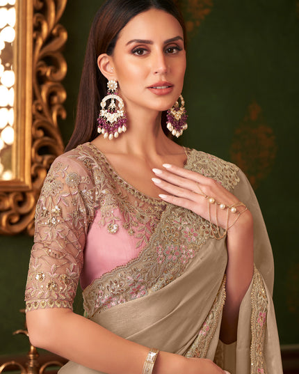 Pretty Beige Silk Georgette Embroidered Saree for Wedding