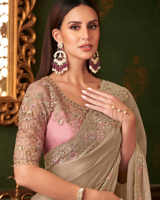 Pretty Beige Silk Georgette Embroidered Saree for Wedding