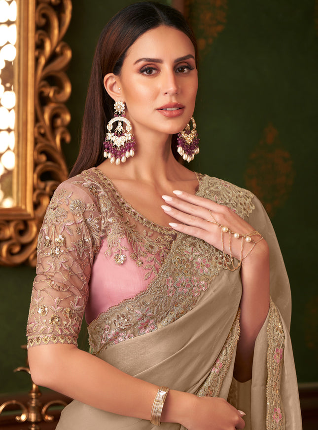 Pretty Beige Silk Georgette Embroidered Saree for Wedding
