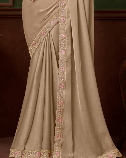 Pretty Beige Silk Georgette Embroidered Saree for Wedding