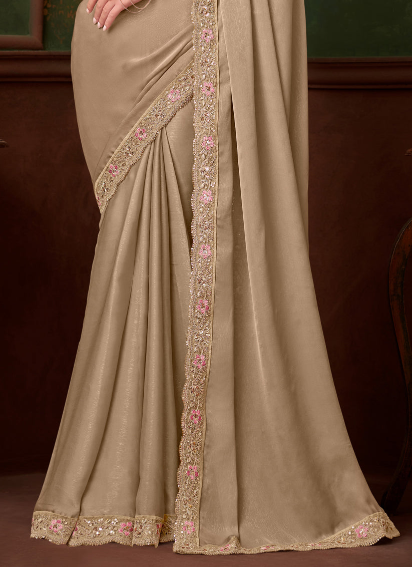 Pretty Beige Silk Georgette Embroidered Saree for Wedding