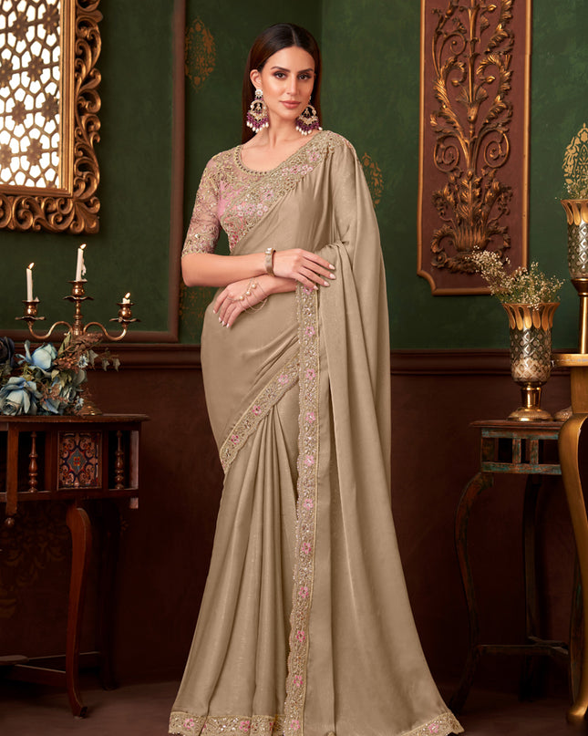 Pretty Beige Silk Georgette Embroidered Saree for Wedding