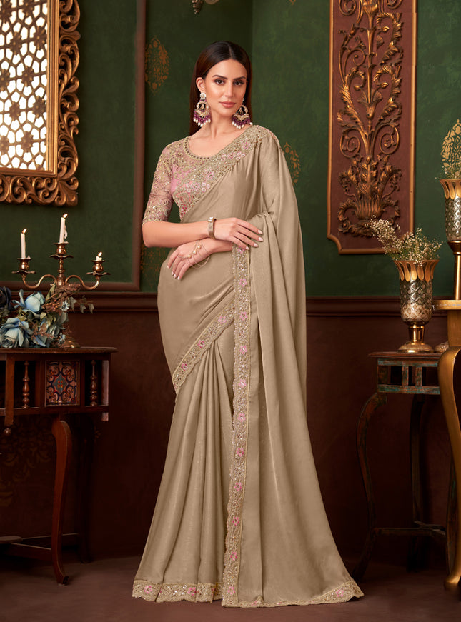 Pretty Beige Silk Georgette Embroidered Saree for Wedding