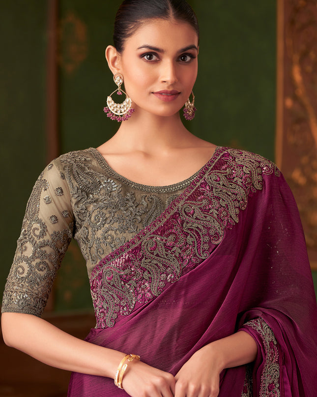 Magnetic Wine Silk Chiffon Embroidered Saree for Wedding