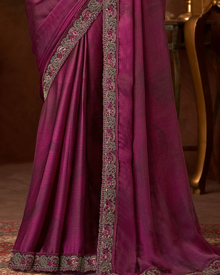 Magnetic Wine Silk Chiffon Embroidered Saree for Wedding