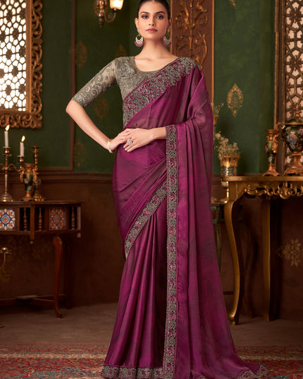 Magnetic Wine Silk Chiffon Embroidered Saree for Wedding
