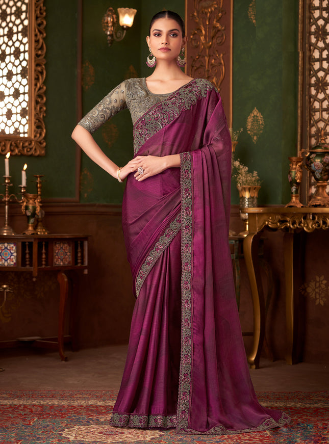 Magnetic Wine Silk Chiffon Embroidered Saree for Wedding