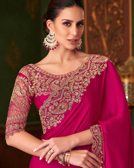 Glamorous Raspberry Pink Satin Silk Embroidered Saree for Wedding