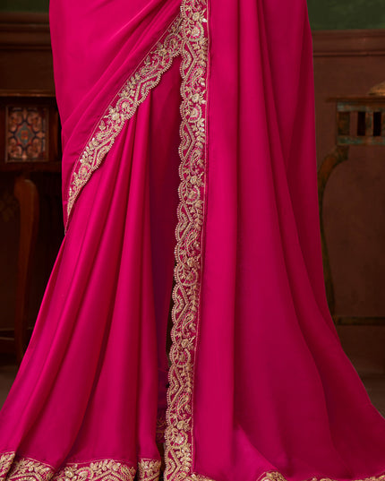 Glamorous Raspberry Pink Satin Silk Embroidered Saree for Wedding