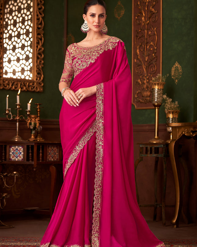 Glamorous Raspberry Pink Satin Silk Embroidered Saree for Wedding