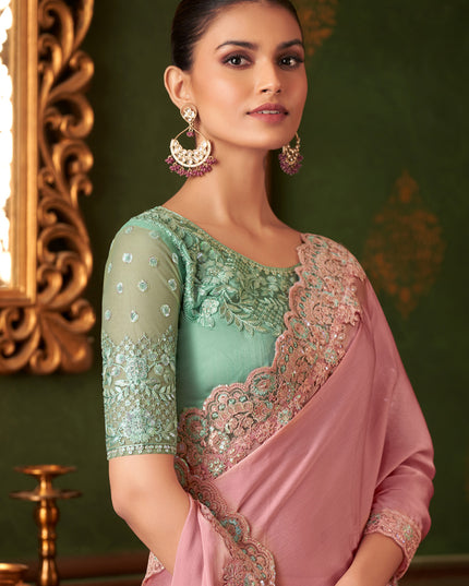 Marvelous Coral Pink Silk Chiffon Embroidered Saree for Wedding