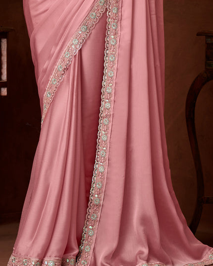 Marvelous Coral Pink Silk Chiffon Embroidered Saree for Wedding