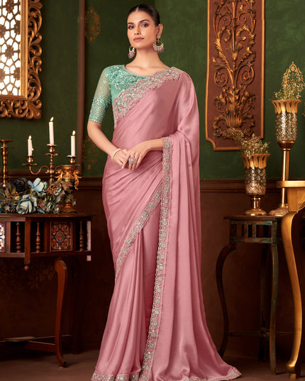 Marvelous Coral Pink Silk Chiffon Embroidered Saree for Wedding
