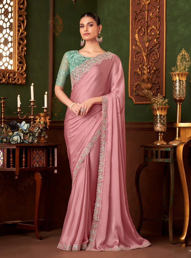Marvelous Coral Pink Silk Chiffon Embroidered Saree for Wedding