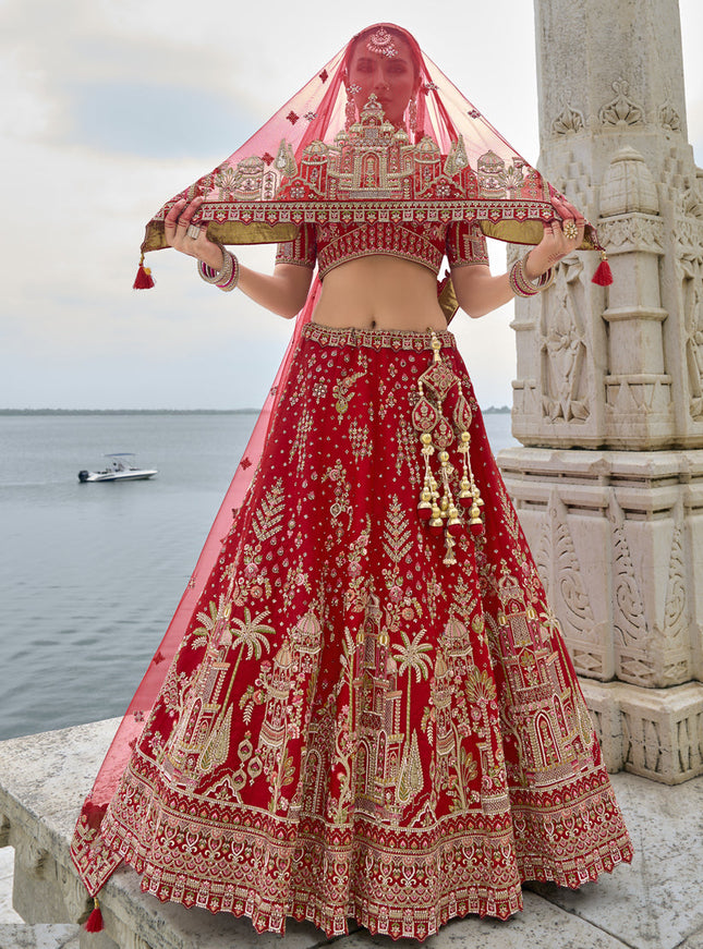 Hot Red Silk Embroidered Bridal Lehenga Choli