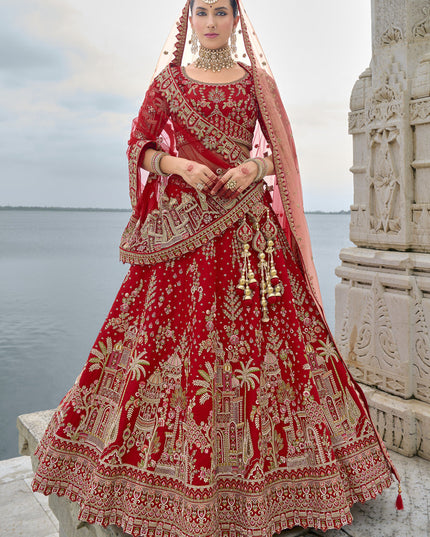 Hot Red Silk Embroidered Bridal Lehenga Choli
