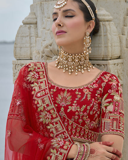 Hot Red Silk Embroidered Bridal Lehenga Choli