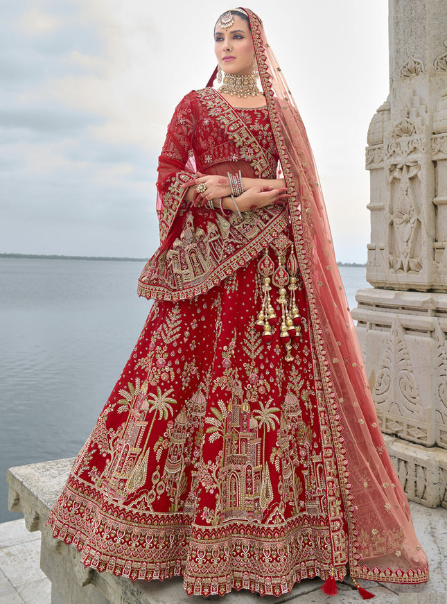 Hot Red Silk Embroidered Bridal Lehenga Choli