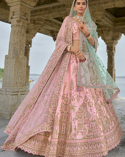 Rose Pink Silk Embroidered Bridal Lehenga Choli