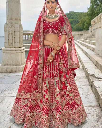 Hot Red Silk Embroidered Bridal Lehenga Choli