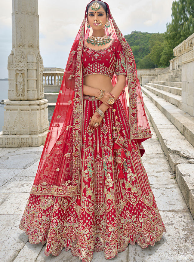 Hot Red Silk Embroidered Bridal Lehenga Choli
