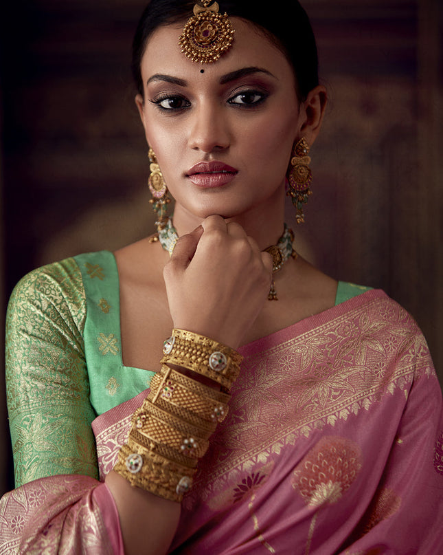 Cherry Pink Banarasi Crepe Georgette Zari Woven Saree