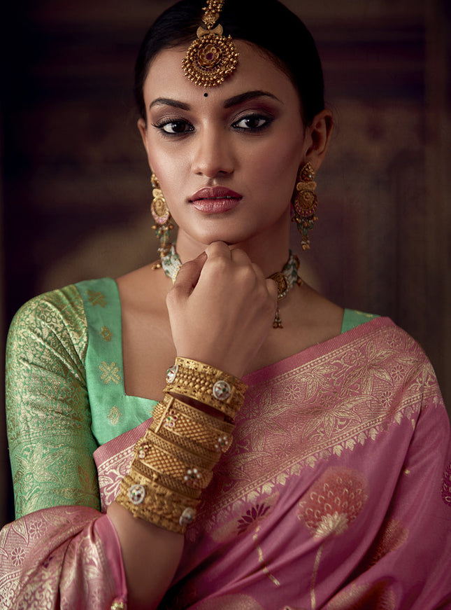 Cherry Pink Banarasi Crepe Georgette Zari Woven Saree