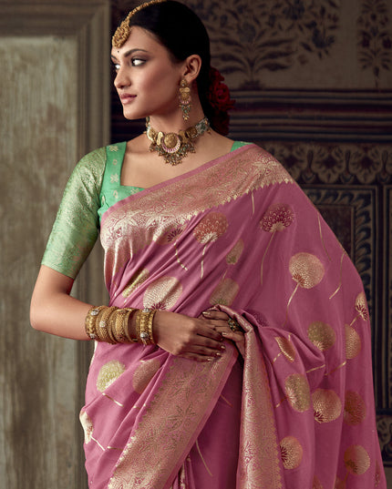Cherry Pink Banarasi Crepe Georgette Zari Woven Saree