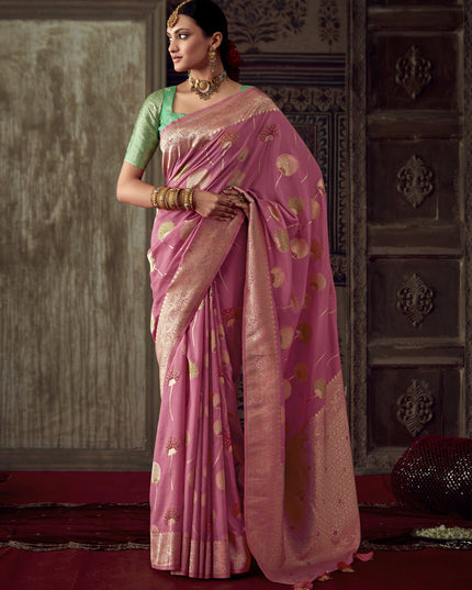 Cherry Pink Banarasi Crepe Georgette Zari Woven Saree