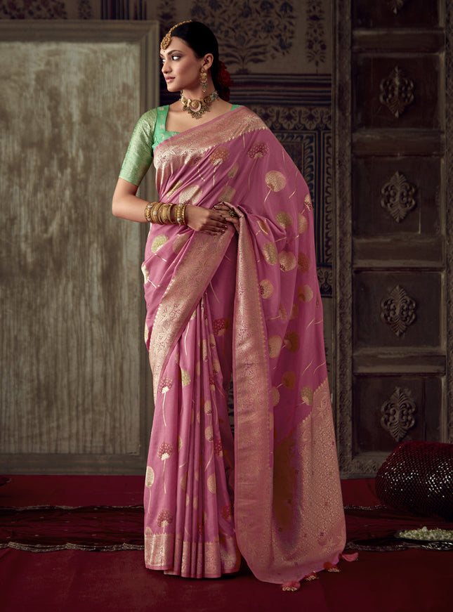 Cherry Pink Banarasi Crepe Georgette Zari Woven Saree