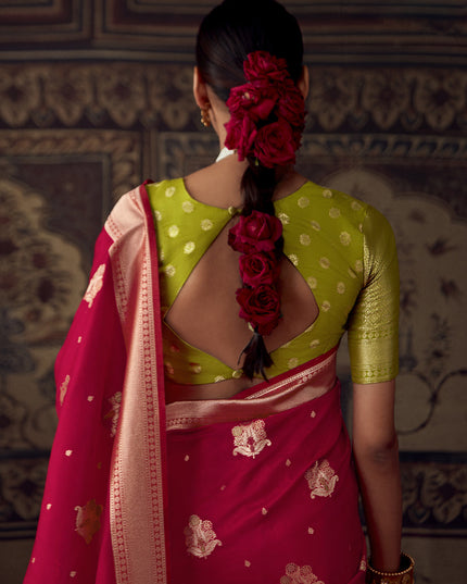 Strawberry Red Banarasi Crepe Georgette Zari Woven Saree