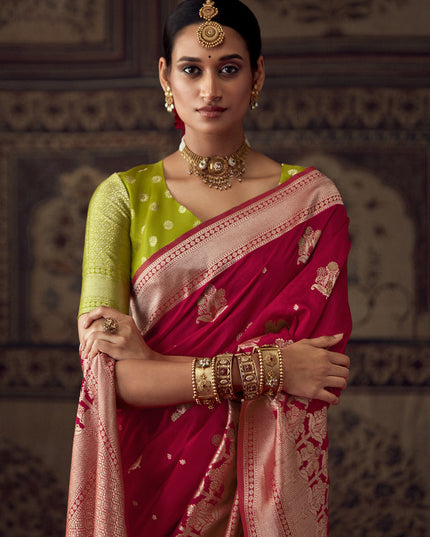 Strawberry Red Banarasi Crepe Georgette Zari Woven Saree