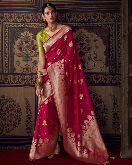 Strawberry Red Banarasi Crepe Georgette Zari Woven Saree