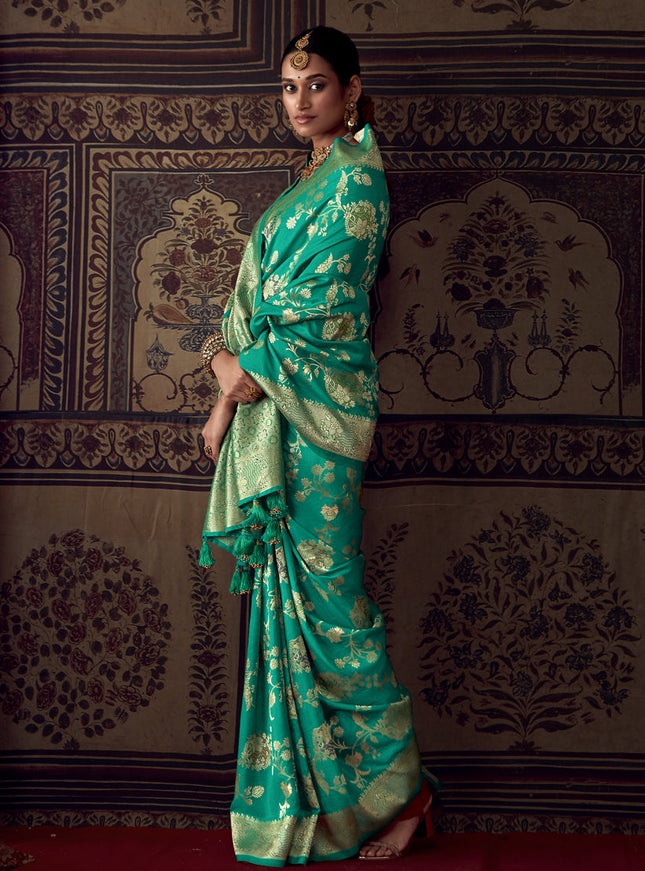 Rama Green Banarasi Crepe Georgette Zari Woven Saree