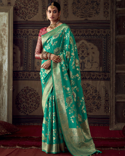Rama Green Banarasi Crepe Georgette Zari Woven Saree