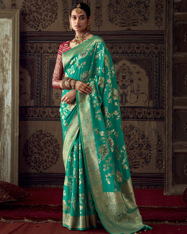 Rama Green Banarasi Crepe Georgette Zari Woven Saree