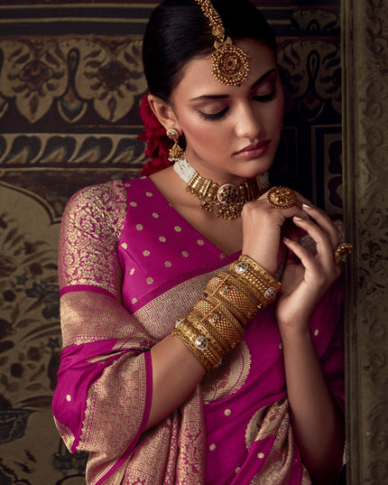 Rani Pink Banarasi Crepe Georgette Zari Woven Saree