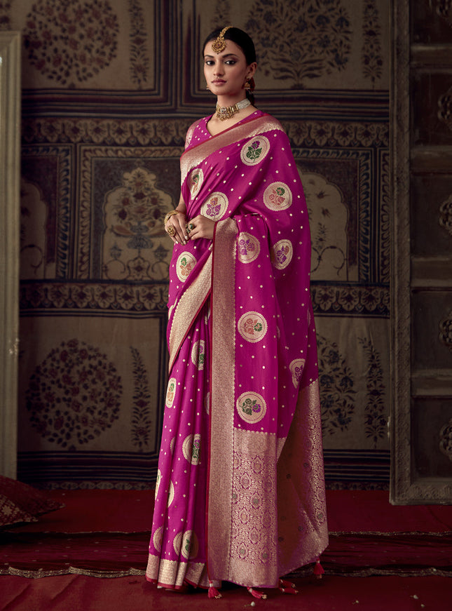 Rani Pink Banarasi Crepe Georgette Zari Woven Saree