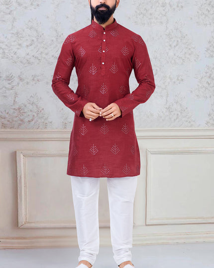Alluring Red Silk Mens Kurta Pyjama Set