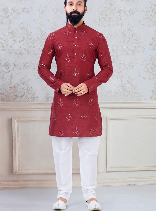 Alluring Red Silk Mens Kurta Pyjama Set