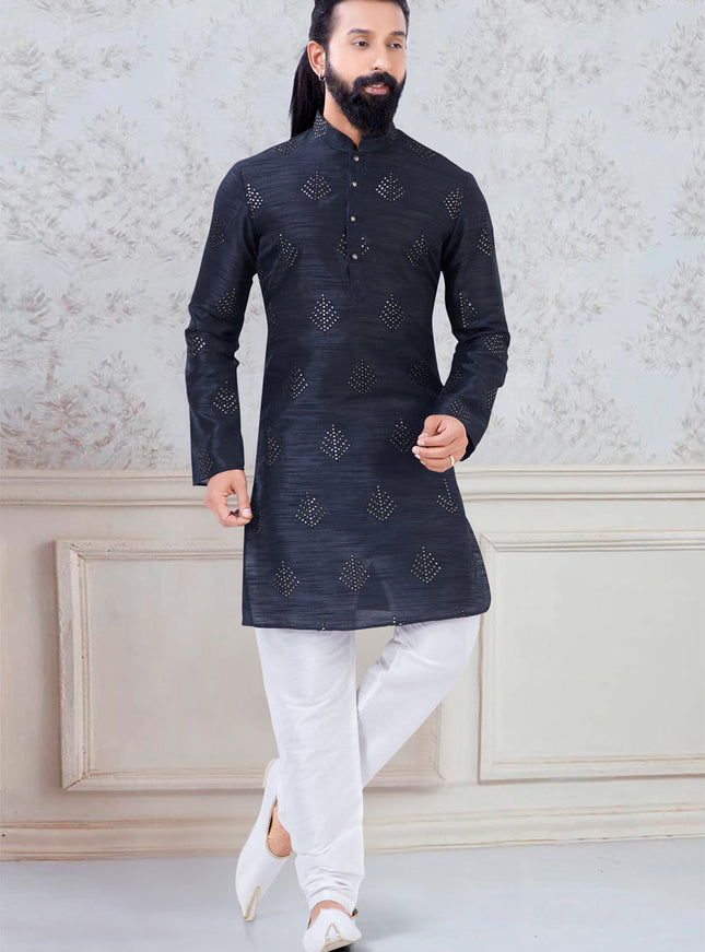 Dashing Black Silk Mens Kurta Pyjama Set