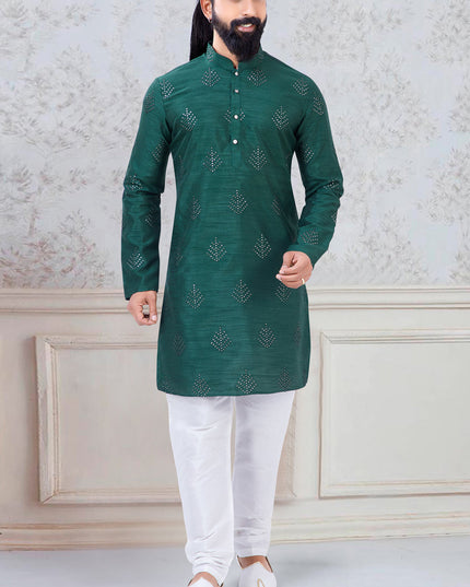 Outstanding Green Silk Mens Kurta Pyjama Set