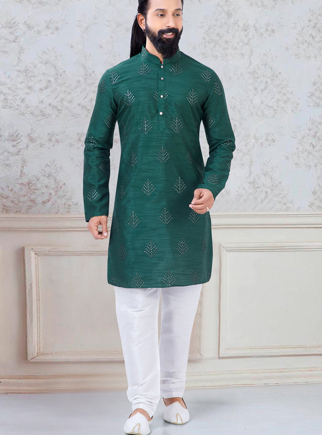 Outstanding Green Silk Mens Kurta Pyjama Set